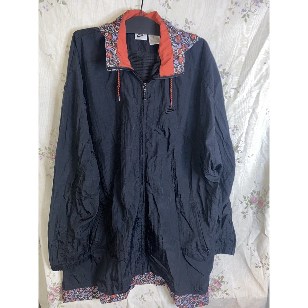 Vintage Nike Women's Large Black Geometic‎ 80s 90s Swoosh Parka Windbreaker